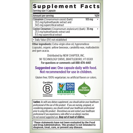 Supplement Facts label for New Chapter Cinnamon Force