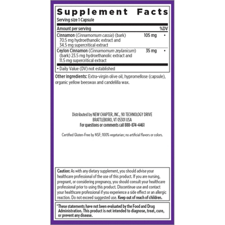 Supplement Facts label for New Chapter Cinnamon Force capsules