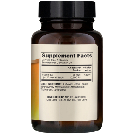 Supplement Facts label for Mercola Liposomal Vitamin D3 capsules 5000 IU