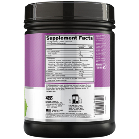 Supplement Facts label for Amino Energy Concord Grape