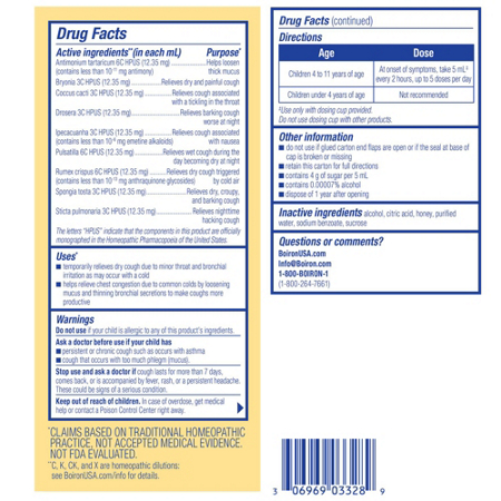 Drug Facts label for Boiron Chestal Kids Honey Cough Syrup