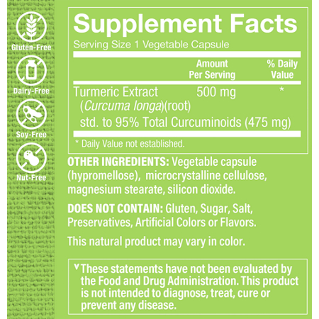 Supplement Facts label for Turmeric with Curcumin Vegetarian Capsules 500 MG