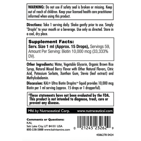 Supplement Facts label for KAL Ultra Biotin for Hair Skin & Nails