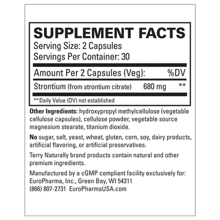 Supplement Facts label for Terry Naturally Strontium capsules 680 MG