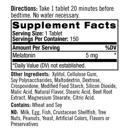 Supplement Facts label for Natrol Melatonin Fast Dissolve 5 MG