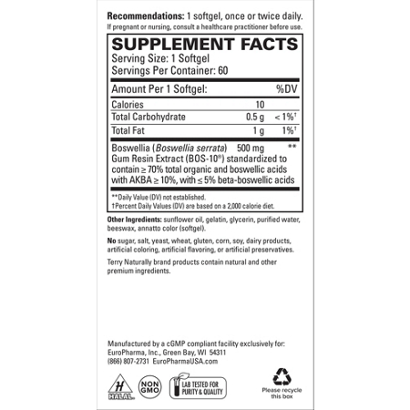 Supplement Facts for Terry Naturally BosMed 500 softgels