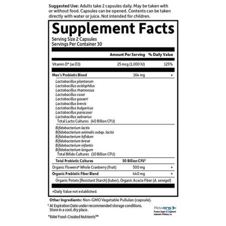 Supplement Facts label for Prostate+ 50 Billion CFU Probiotics