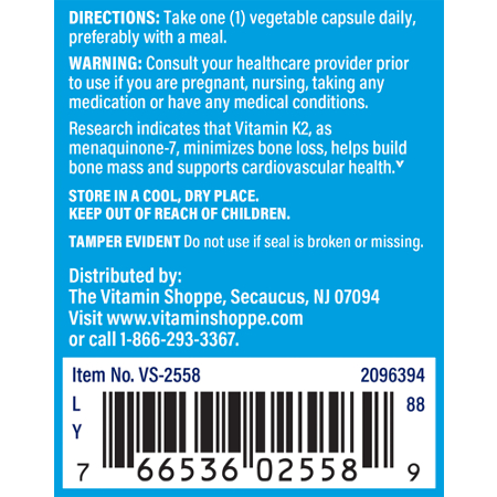 Directions for The Vitamin Shoppe Vitamin K2 Vegetarian Capsules 100 MCG