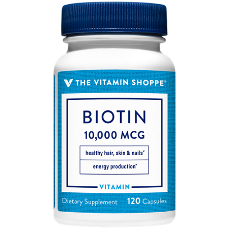 The Vitamin Shoppe Biotin 10000 MCG bottle for hair, skin, nails