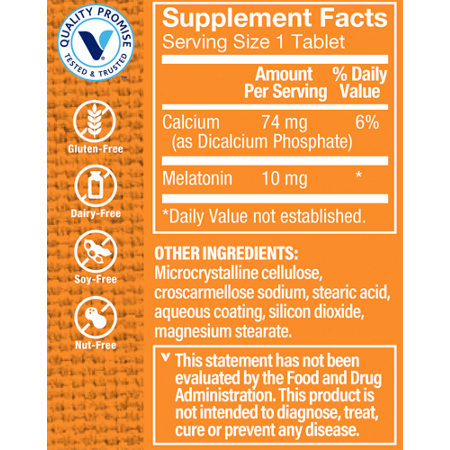 Supplement Facts label for Melatonin for Sleep Support 10 MG