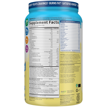 Supplement Facts label for Garden of Life Raw Organic Fit Vanilla