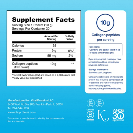Supplement Facts label for Vital Proteins Collagen Peptides Powder