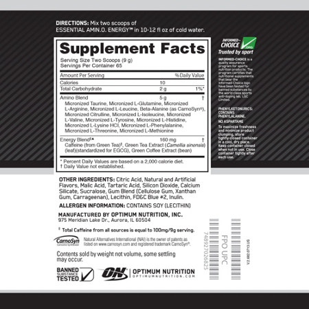 Optimum Nutrition AMINO ENERGY Blue Raspberry label