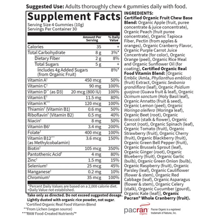 Supplement Facts label for Garden of Life Women's Gummies