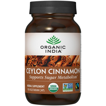 Organic India USA Organic Cinnamon vegetarian capsules 650 MG bottle front