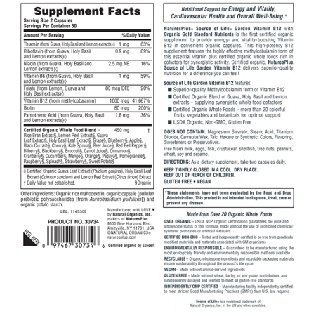 Supplement Facts label for Source of Life Garden B12