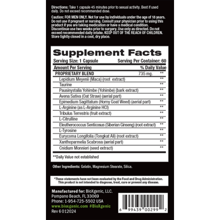 Supplement Facts label for BioXGenic Bio-Hard Male Enhancement