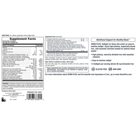 Supplement Facts label for Natures Plus Hema-Plex Iron 85 MG Softgels