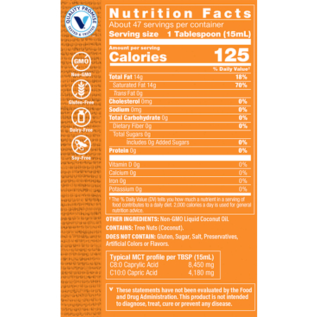 Supplement Facts label for 100 Percent Pure Non GMO MCT Oil Fat Metabolism