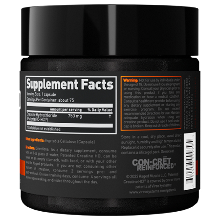 Supplement Facts label for KAGED C-HCl Creatine HCl Unflavored 750 MG
