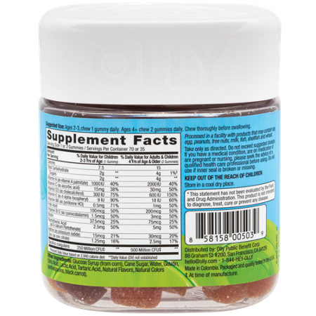 Supplement Facts label for Olly Kids Gummy Multivitamin plus Probiotics Berry