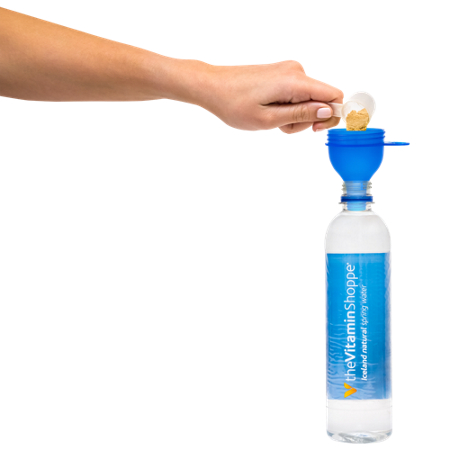 Hand using BodyTech Fill-N-Go Powder Funnel with Cap Small Blue view. 5