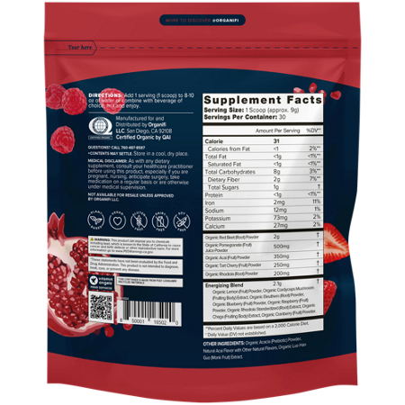 Supplement Facts label for Organifi Organic Red Juice Superfood Powder