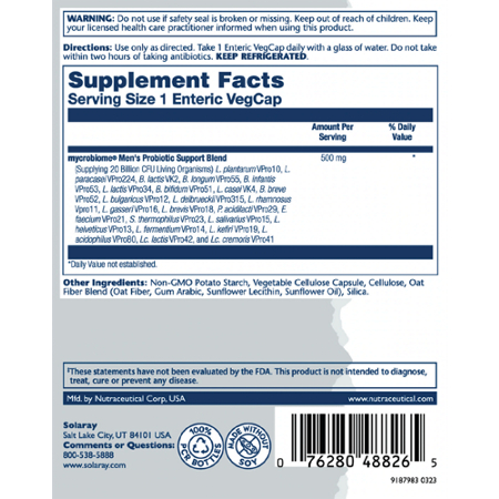 Solaray Probiotic Label: Men's Formula, 30 Billion CFUs