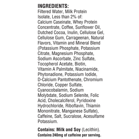 Ingredients label for Labrada Nutrition Lean Body Protein Shake Cafe Mocha