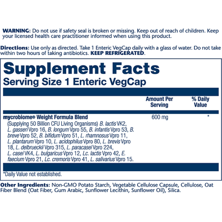 Supplement Facts label for Solaray Mycrobiome Weight Formula Probiotic