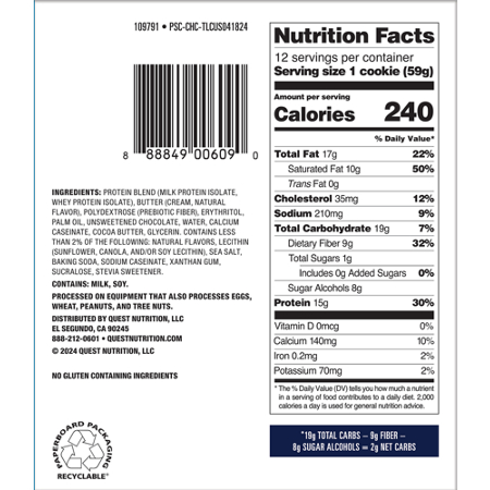Supplement Facts for Quest Nutrition Chocolate Chip Cookie