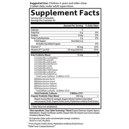 Supplement Facts label for Garden of Life Dr Formulated Probiotics Organic Kids