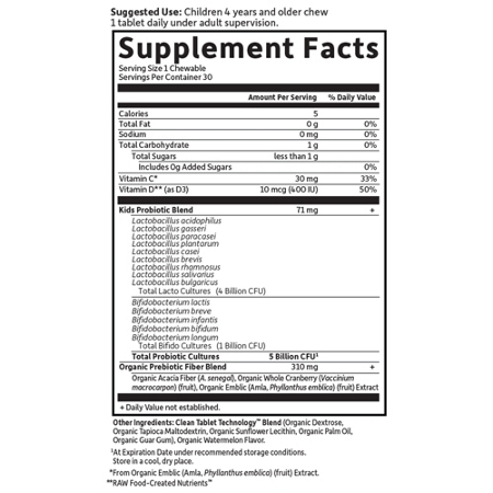 Supplement Facts label for Garden of Life Dr Formulated Probiotics Organic Kids