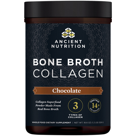 Ancient Nutrition Bone Broth Collagen Superfood Powder Chocolate jar front