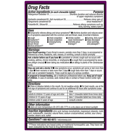 Drug Facts label for Natures Way Umcka Allergy & Sinus Berry tablets