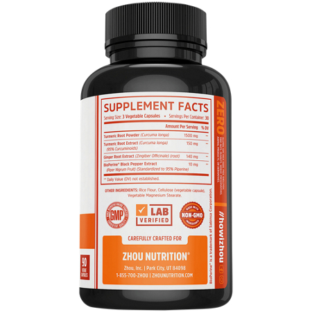 Zhou Turmeric Curcumin label with Ginger and Bioperine capsules