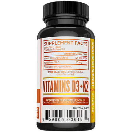 Zhou Nutrition Vitamin K2 MK-7 Vitamin D3 Vegetarian Capsules view 3
