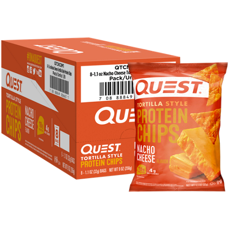 Quest Nutrition Tortilla Style Protein Chips Nacho Cheese box and bag front
