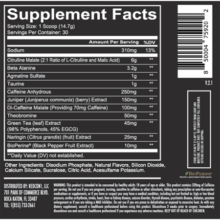 Supplement Facts label for RedCon1 Total War Pre-Workout Strawberry Kiwi