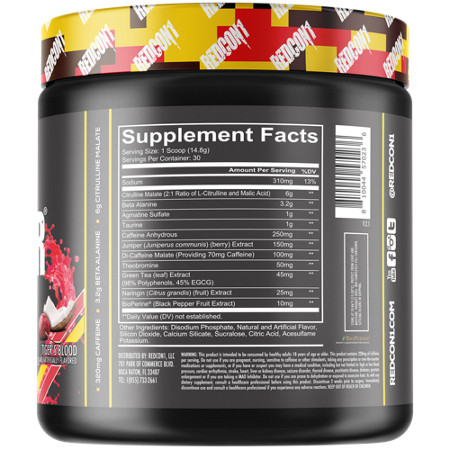 Supplement Facts label for RedCon1 Total War PreWorkout Tigers Blood