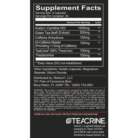 Supplement Facts label for RedCon1 Double Tap Fat Burner Support capsules