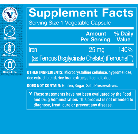 Supplement Facts label for Comfort Iron Vegetable Capsules 25 MG
