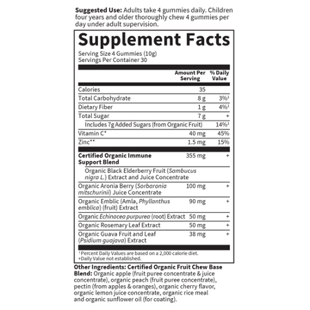 Supplement Facts label for Garden of Life Organics Elderberry Immune Gummy