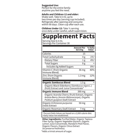 Supplement Facts label for Garden of Life Organics Elderberry Immune Syrup