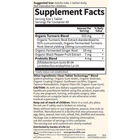 Garden of Life Organics Turmeric Tablets Label