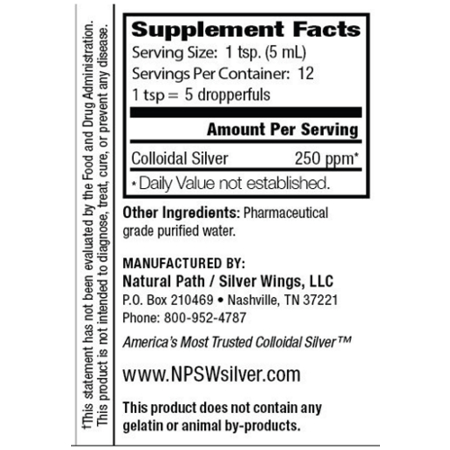 Natural Path Colloidal Silver 250 PPM Supplement Label
