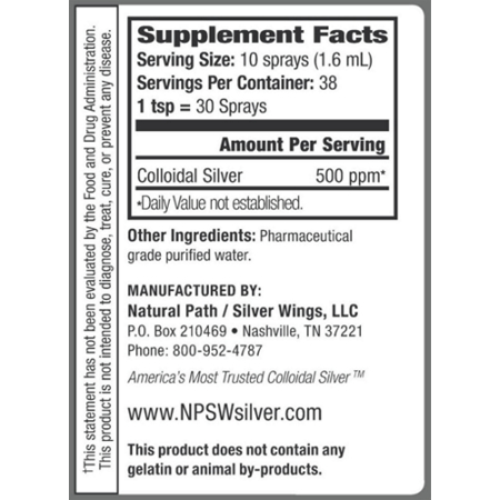 Supplement Facts: Silver Wings Colloidal Silver, 500 PPM