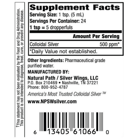 Label for Silver Wings Colloidal Silver 500 PPM