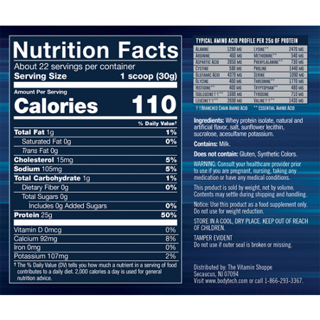Supplement Facts label for BodyTech Whey Protein Isolate Powder Fruity Cereal