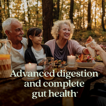 Gut health and digestion text with a forest meal setting